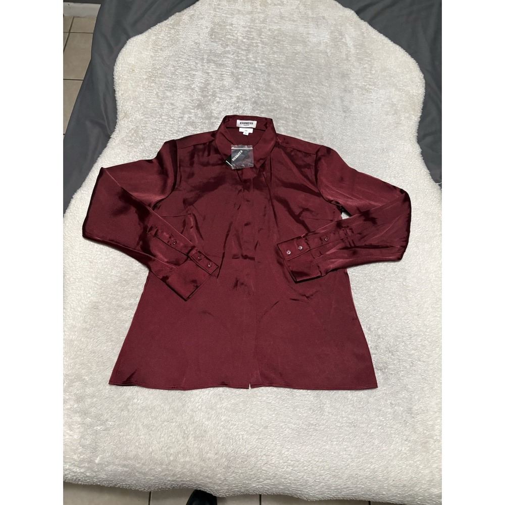 Express Women's Satin Burgundy Button Down Shirt Size XS Slim Portofino
